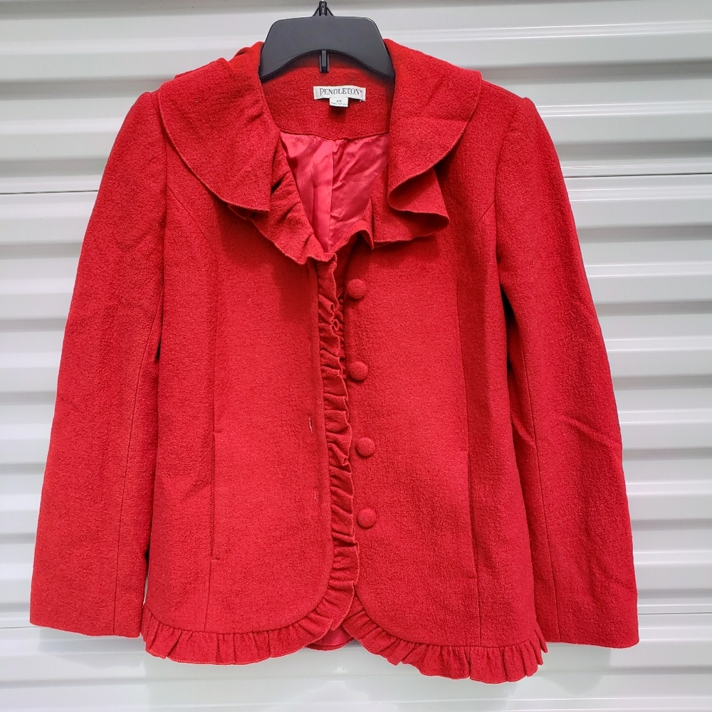 Pendleton Red 100% Wool Ruffle Collar Lined Blazer - image 1